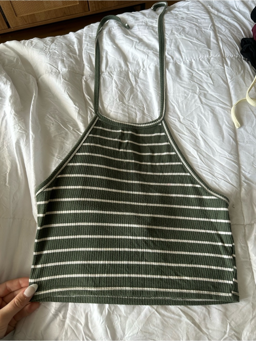Forever 21 Olive Green & White Striped Ribbed Halter Top